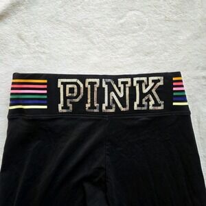 PINK Victoria's Secret Flare Yoga Pants Rainbow Sequin Spell Out Sz Sm